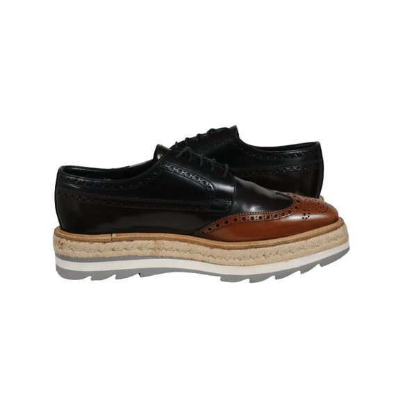 Prada Men Platform Brogue US 10 UK 9 Brown Leather Wingtip Espadrille Medallion - Picture 9 of 11